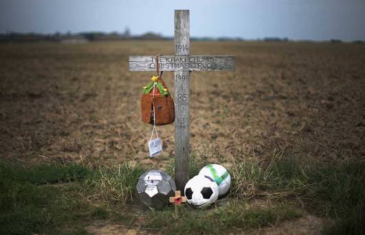 Memorial for the 1914 Christmas Truce in Flanders, Belgium, where soldiers may have played soccer. 